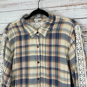 Women's Kate & Sam Cream Blue Crochet Lace Plaid Button Up Flannel Top Boho XL